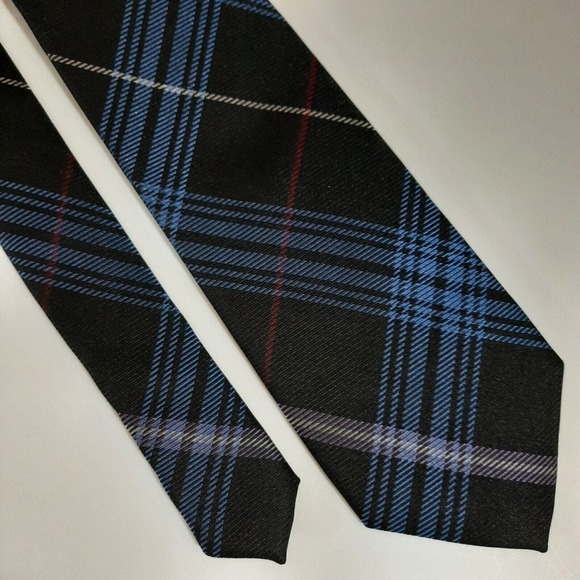 Mens 100% Silk Tie Necktie 58x3.25 Black Blue Plaid Check Hand Made Forsyth New - Picture 1 of 6